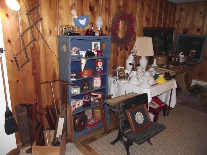 12+ wall shelves all sizes, blue painted bookcase and various sizes of oil lamp shades
