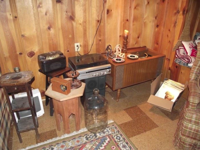 Vintage smoking stand, side tables, and mid-Century Magnavox stereo cabinet + LPs