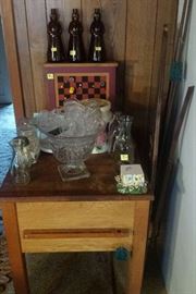 Butcher block, Cape Cod punch bowl/cups, milk bottles, Aunt Jemima bottles, wooden ironing board 