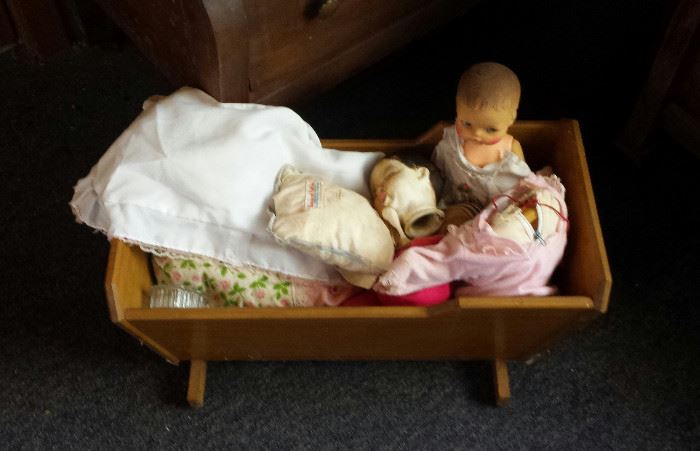 dolls, wooden doll cradle