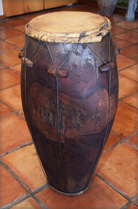 Africa Carved  wood  drum  with  a  hide  top,  37”h  x  14”