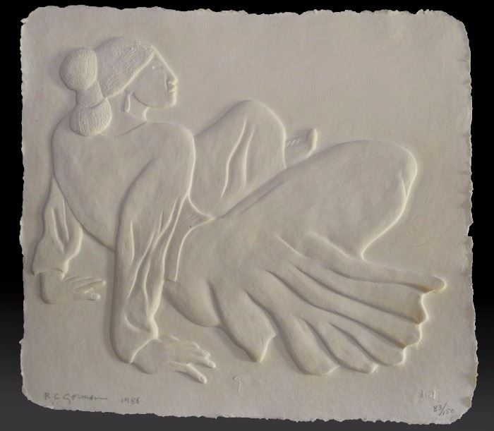 1985,  America.  R.C.  Gorman,  Embossed/cast  image  of  a  reclining  woman,  signed  on  the  face  of  the  image  and  numbered  83/150.  
