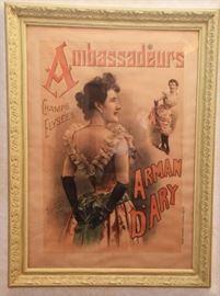 c.  1885,  France.  French  advertising  lithograph  promoting  the  entertainer  Arman  D’Ary  performing  at  the  Ambassadeurs  Cabaret.  D’Ary  was  known  to  perform  at  the  Follie  Bergere,  performed  with  
Jane  Avril  and  made  her  debut  in  the  United  States  at  Koster  and  Bial’s  
Music  Hall,  New  York.  