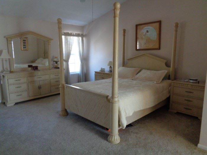 Stunning 4-poster bedroom set:  queen bed, 2 night tables, triple dresser with mirror, armoire