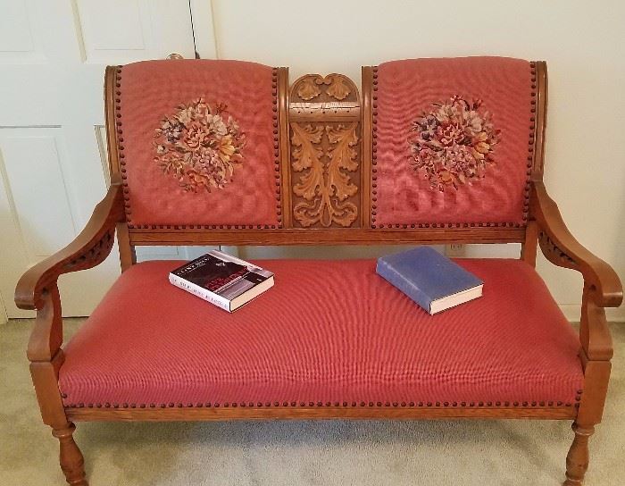 GORGEOUS OAK carved bench with needlepoint work and Nailhead Detail
