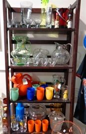 Hazel Atlas Orange Ball Jar Pitcher w/8 multi colored glasses; Fenton Pitcher, misc. glassware