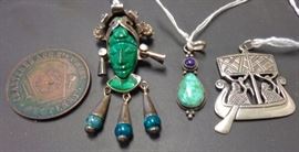 1850 Masonic Penny; Jade & silver Broach, Silver & Turquoise Pendant, Sterling Boat (Scandinavian?) Pendant