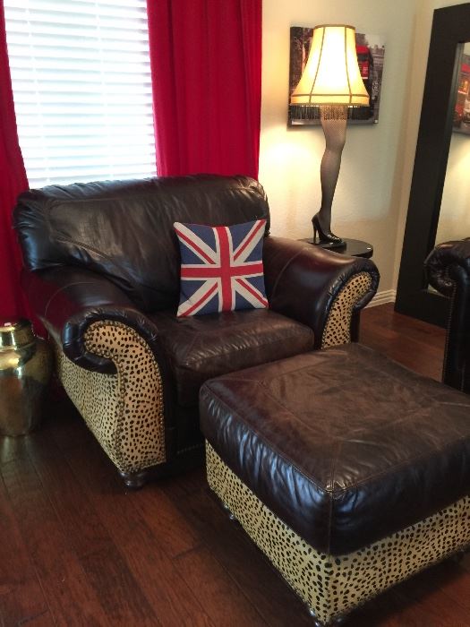 Leather Chair and Ottoman with Printed Cheetah Hide and Nailhead Detail. 