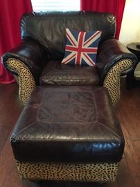 Leather Chair and Ottoman with Printed Cheetah Hide and Nailhead Detail. 