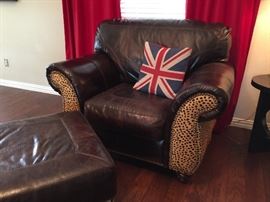 Leather Chair and Ottoman with Printed Cheetah Hide and Nailhead Detail.