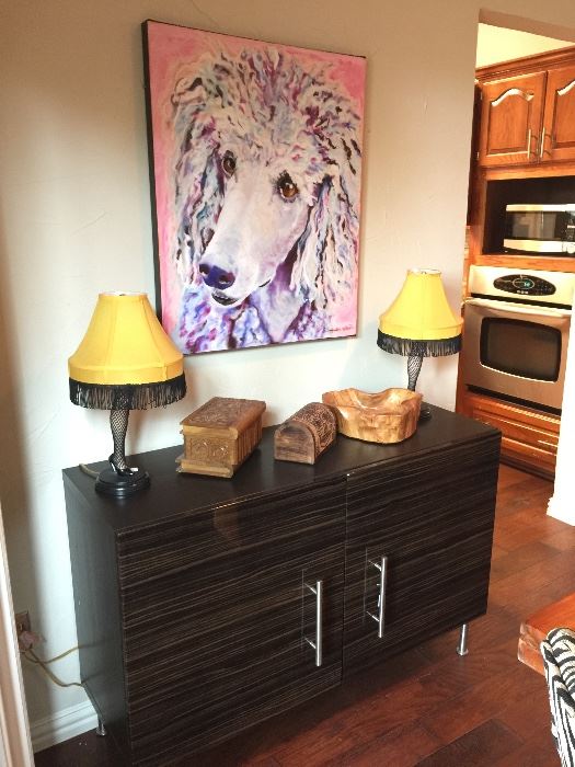 26" Pair of Leg Lamps from A Christmas Story Movie, Poodle Print & Contemporary Cabinet.
