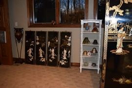 Asian Wall Hanging, White Shelves, Metal Spider Art