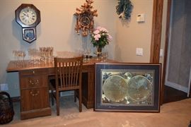 Desk, Regulator Clock, Chair, Stemware, Art