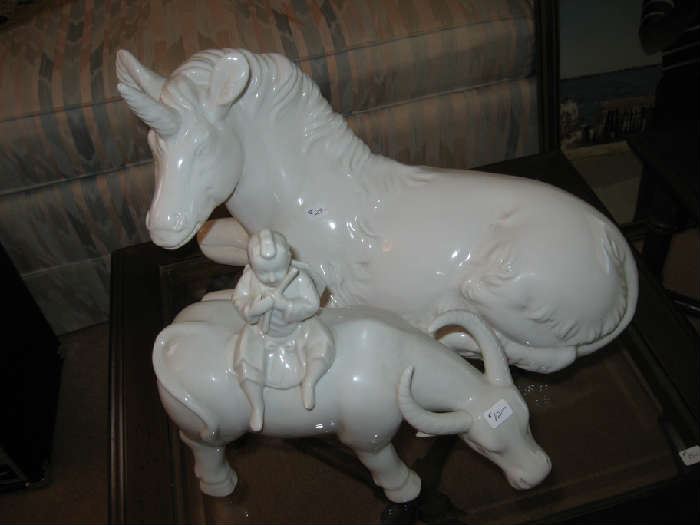 Large Ceramic Unicorn and Water Buffalo Figurines