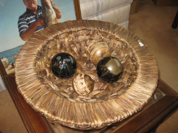 Large Wood Basket Bowl with Décor Balls