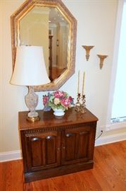 Cabinet, crystal lamp, Israel brass candlesticks, beveled glass mirror