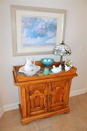 Burlington House tile-top buffet, large framed print, leaded glass lamp, Haeger pitcher / bowl set