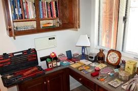 Grill set in box, red lantern, cookbooks, and more