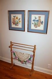 Quilt rack and Asian cross-stitch pictures