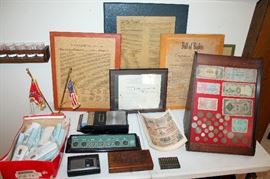 Foreign money display, Wyeth items, and more