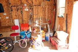 Yard tools, children's bikes, garden items, and more