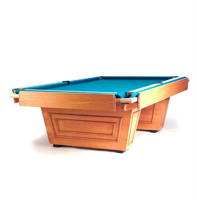 Frank Lloyd Wright Style Billiards Table: A contemporary Frank Lloyd Wright style 9-foot billiards table. The table features a pair of plank legs and a teal felt top. The table comes disassembled, the main image was taken in situ prior to being disassembled. The second picture was taken right at the start of disassembly and shows the corner pockets removed.
