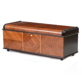 Vintage Waterfall Cedar Chest: A vintage walnut veneered cedar chest with waterfall front, having inlaid borders and black accent trim, in a glossy finish.