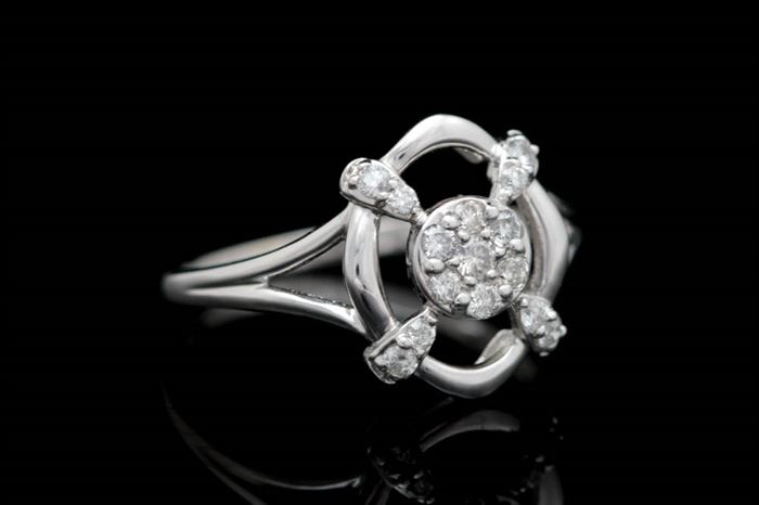 0.25 CTW Diamond and 18K White Gold Ring: A 0.25 ctw diamond and 18K white gold ring. The ring features a design embellished with fifteen single cut diamonds.
