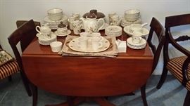 DUNCAN PHYFE DINING TABLE WITH 2 LEAVES & DROP SIDES + 4 SIDE CHAIRS & 2 ARM CHAIRS + MATCHING BOW FRONT CHINA CABINET (NOT SHOWN).....EXC CONDITION....ALL FOR $500 CASH + SALES TAX