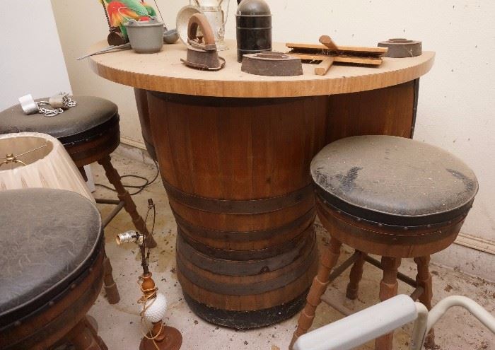 Whiskey barrel bar and 3 stools