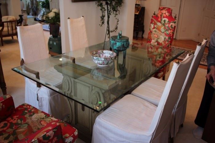 Glass Dining Room Table with 6 Chairs and Decorative