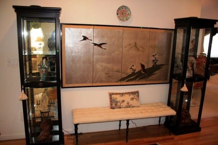 Pair of Wood and Glass Curios, Large Art (4 Panels) Bench and Pillow with Decorative 