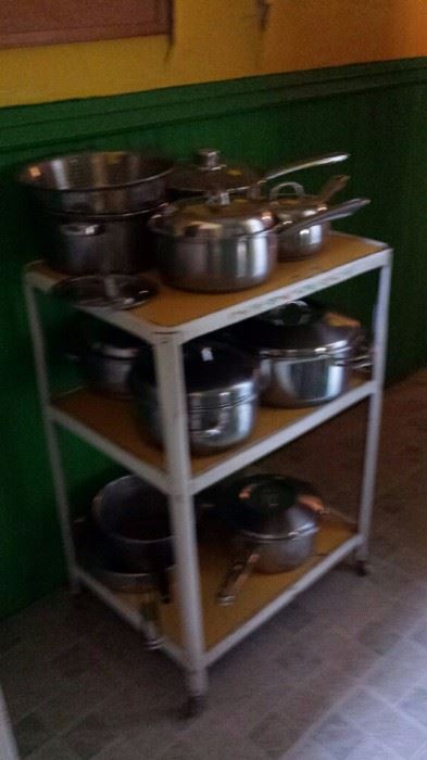 Great Stainless Steel Pots on Mid Century Metal Cart