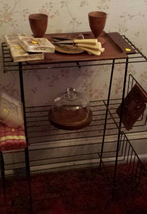 Mid Century Metal Bar/Serving Cart with complimentary Mid Century wooden tray and candle holders and bone handled steak knives