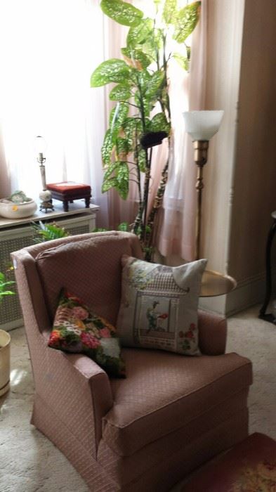 Chair with decorative pillows and Mid Century floor/table lamp