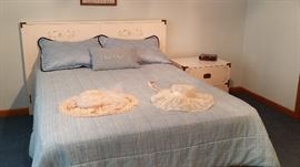 Vintage white hardwood double bed and nightstand -has matching dresser and mirror along with desk and chest of drawers