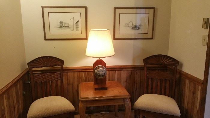 Occasional chairs, metered lamp, framed artwork