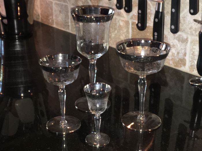 Vintage silver rimmed barware. Water, Wine, Champagne and Cordial set of 12 each style