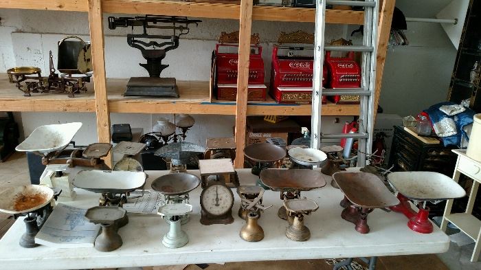 Vintage scales of all sorts and sizes, beautiful national "Coca Cola" cash registers