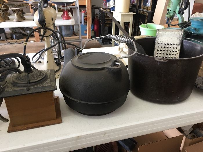 Coffee grinder, cast iron kettle, cast iron pot