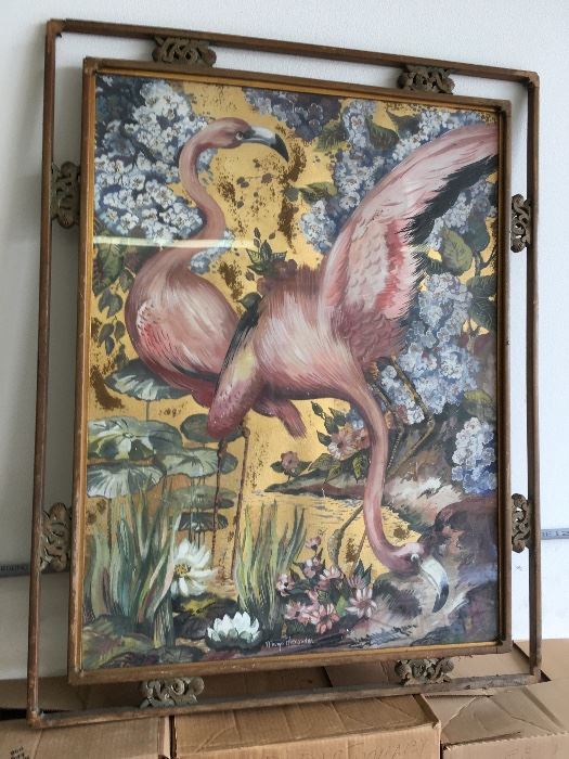 Mid Century flamingo painting by artist Margo Alexander