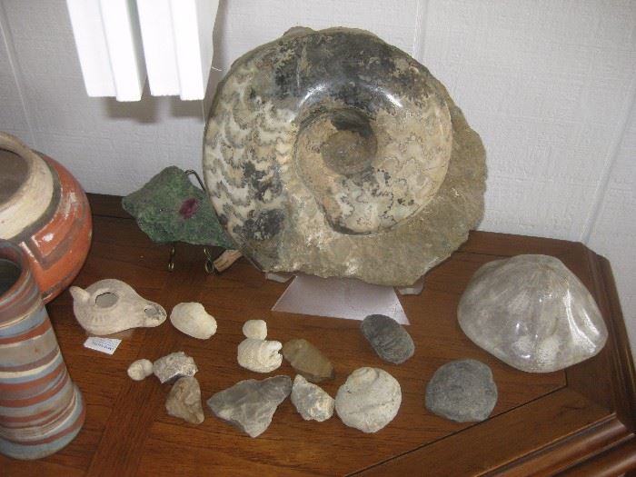 Large Ammonite Fossil, smaller fossils, Oil lamp from the Holy Land