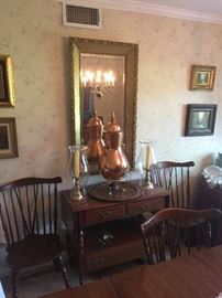 Copper & Brass Samovar; Brass Candlesticks & Glass Hurricanes; Framed, Beveled Mirror; Ethan Allen Drop Leaf Sideboard/Server