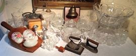 Vintage & Antique Glass, metal & wood household implements, Vintage Fostoria "Coin" Punchbowl, Pedestal and 12 Punch Cups