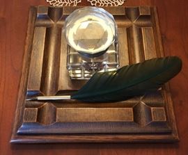 Crystal Inkwell in Oak Base, Modern Quill Pen