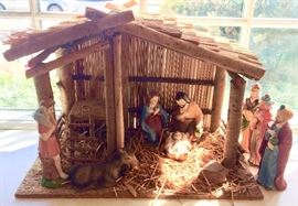 Handmade Creche with Hand Painted Bisque Figures