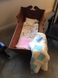 Hand Made Doll Cradle with Vintage Linnens