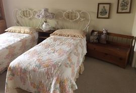 Brass & Cast Iron Twin Beds; Pine Seat/Chest; Pitcher/Basin Lamp