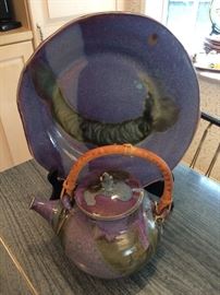Penny Sharp Sky, Artisan Made, Orcas Island Pottery; Platter and Tea Pot