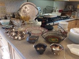 Serve-Ware including: Majolica and Wire Basket, Tea-bag and Gum Savers, Crystal Sauce Pitcher & Ladle, Vintage Aluminum Tray, Pyrex, Canister Set